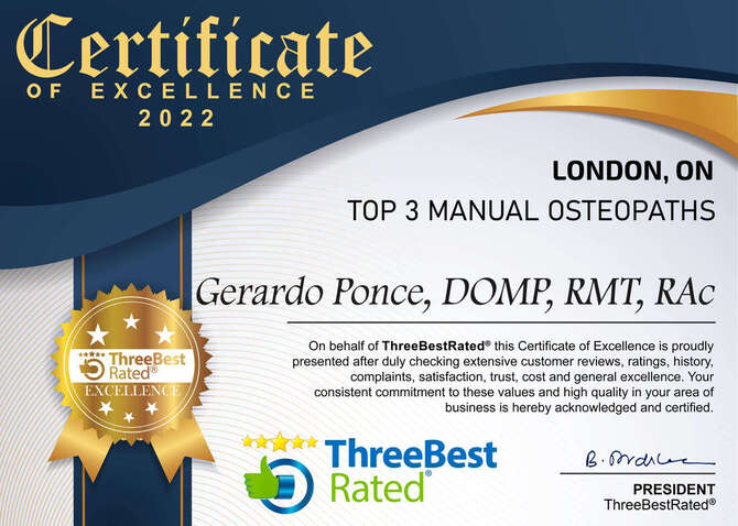 Certificate of Excellence for top 3  Best Manual Osteopaths in London, Ontario